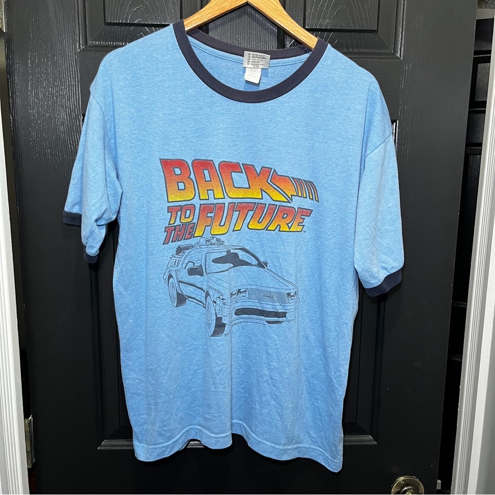 VINTAGE THUNDER CREAK BACK TO THE FUTURE DELOREAN BLUE RINGER SHIRT MENS LARGE
